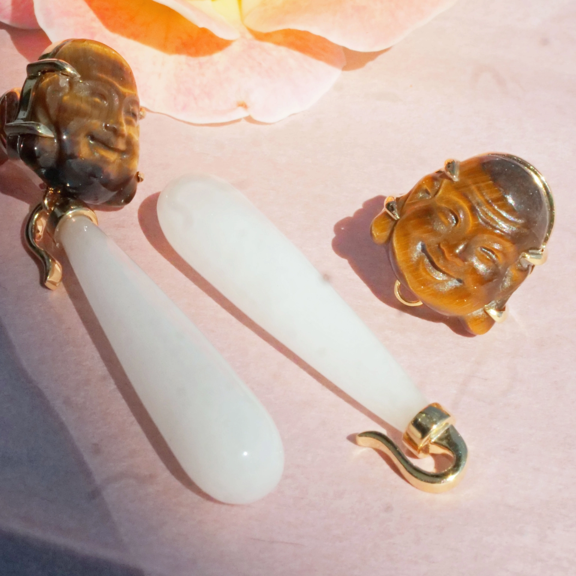 Cacholong Tiger Eye Buddha Head Earrings 18 kt Yellow Gold...makes happy