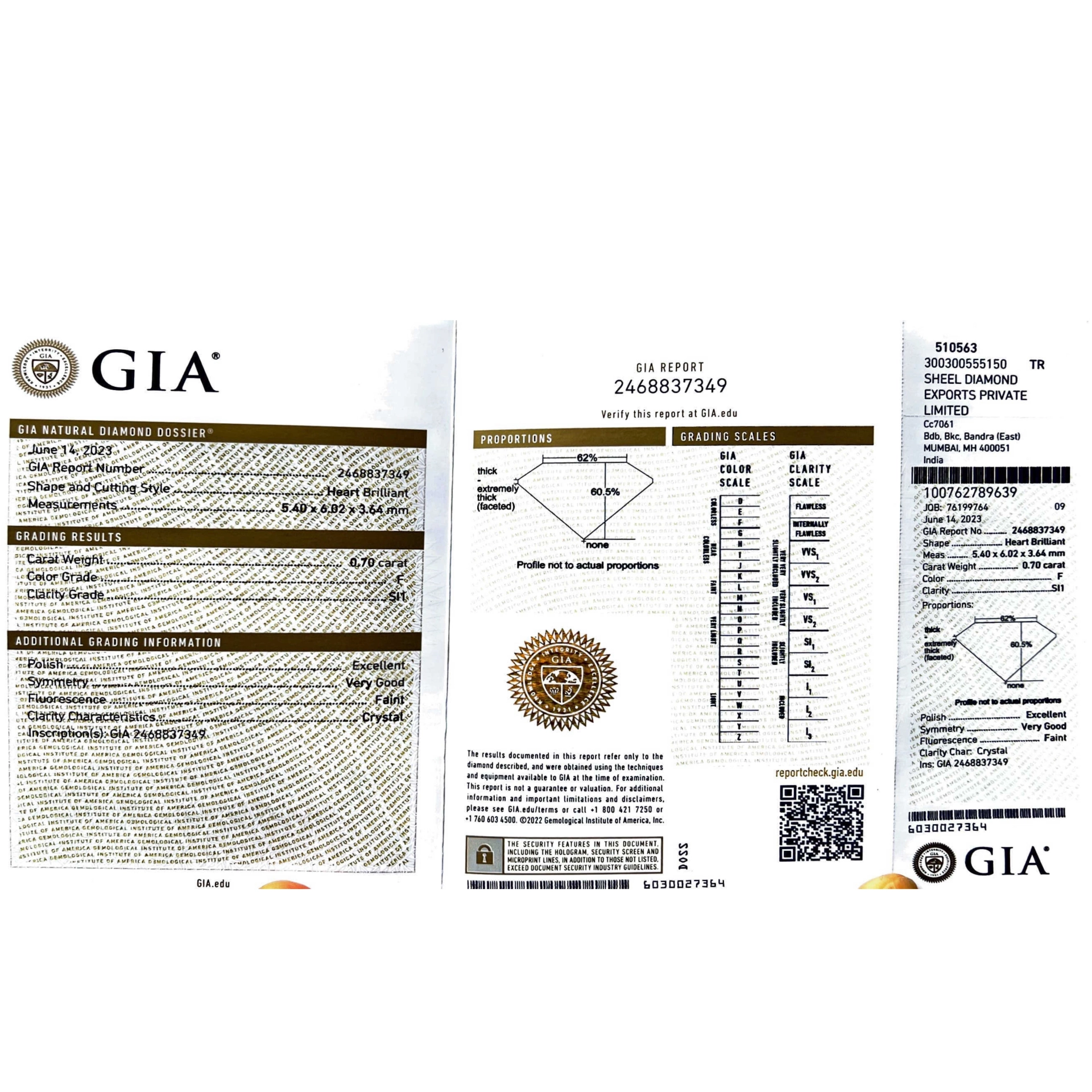 Heart full cut brilliant approx. 0.70 ct, F (very fine white) / SI1(small inclusions) with GIA report