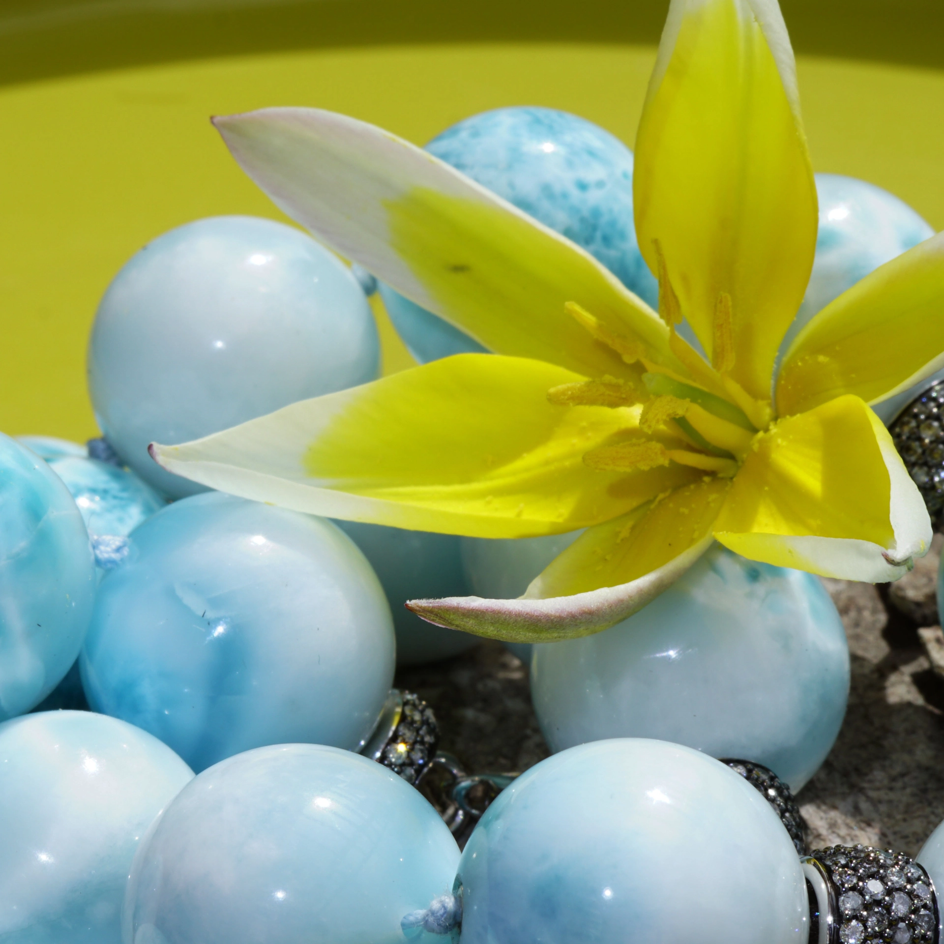 Larimar Ball Necklace 18 kt Whitegold with grey Diamonds..cloudy Beauty..Highest Quality