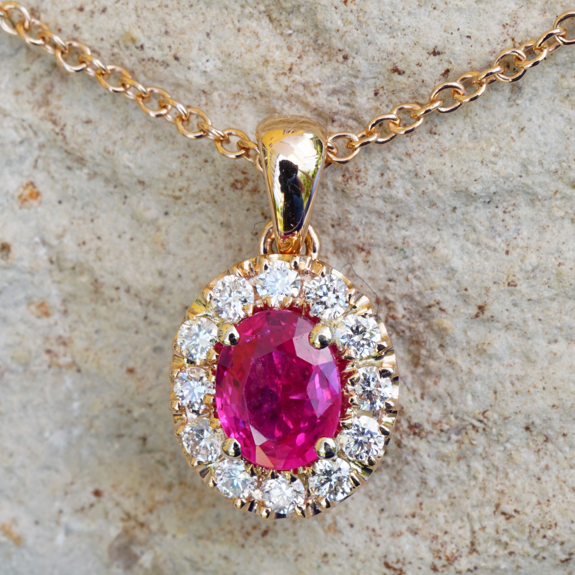 Ruby Diamond Pendant with Chain 18 kt Rose Gold.....the sweetest forever