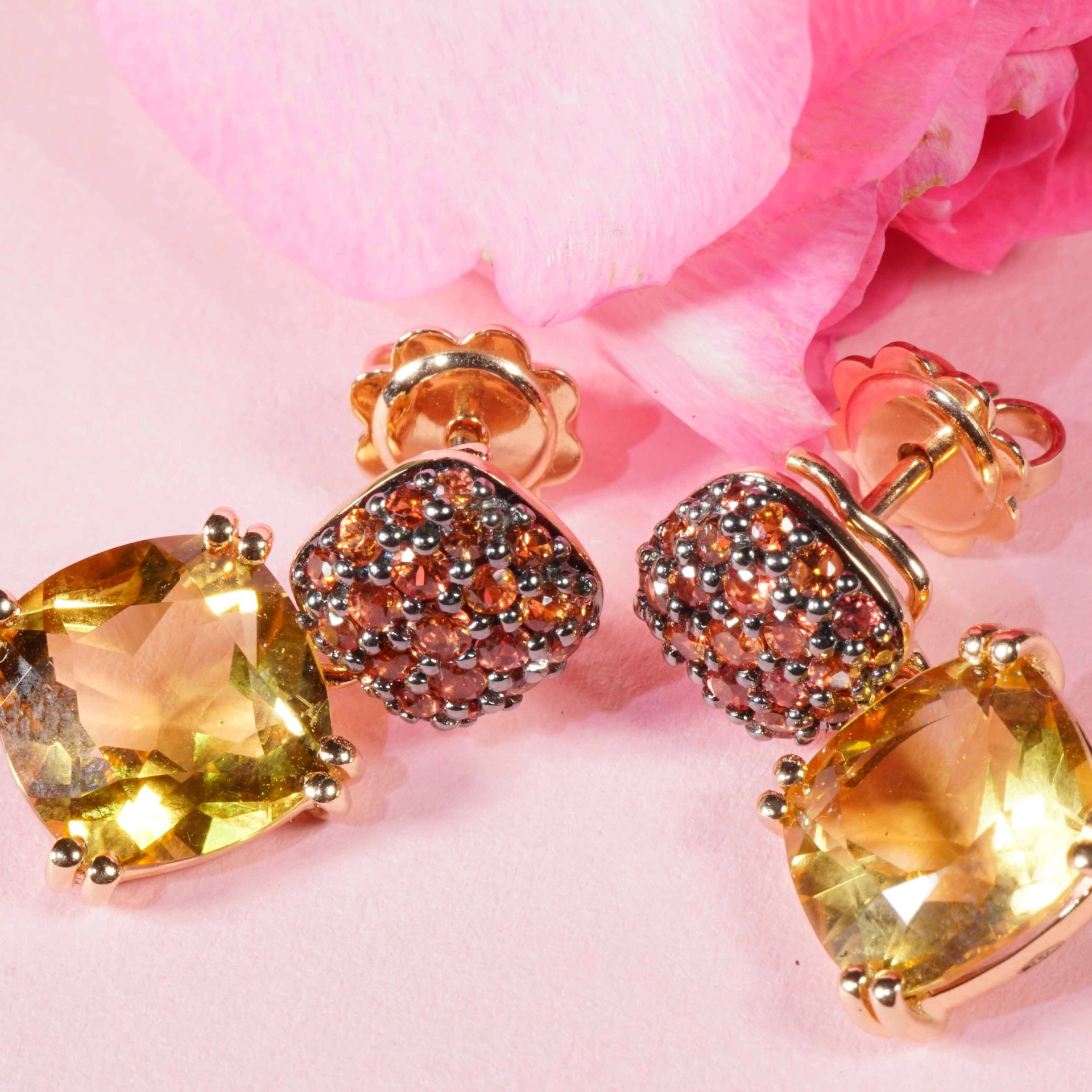 Yellow Citrin and orange Saphire Rosegold Earrings....stunning Kombination 
