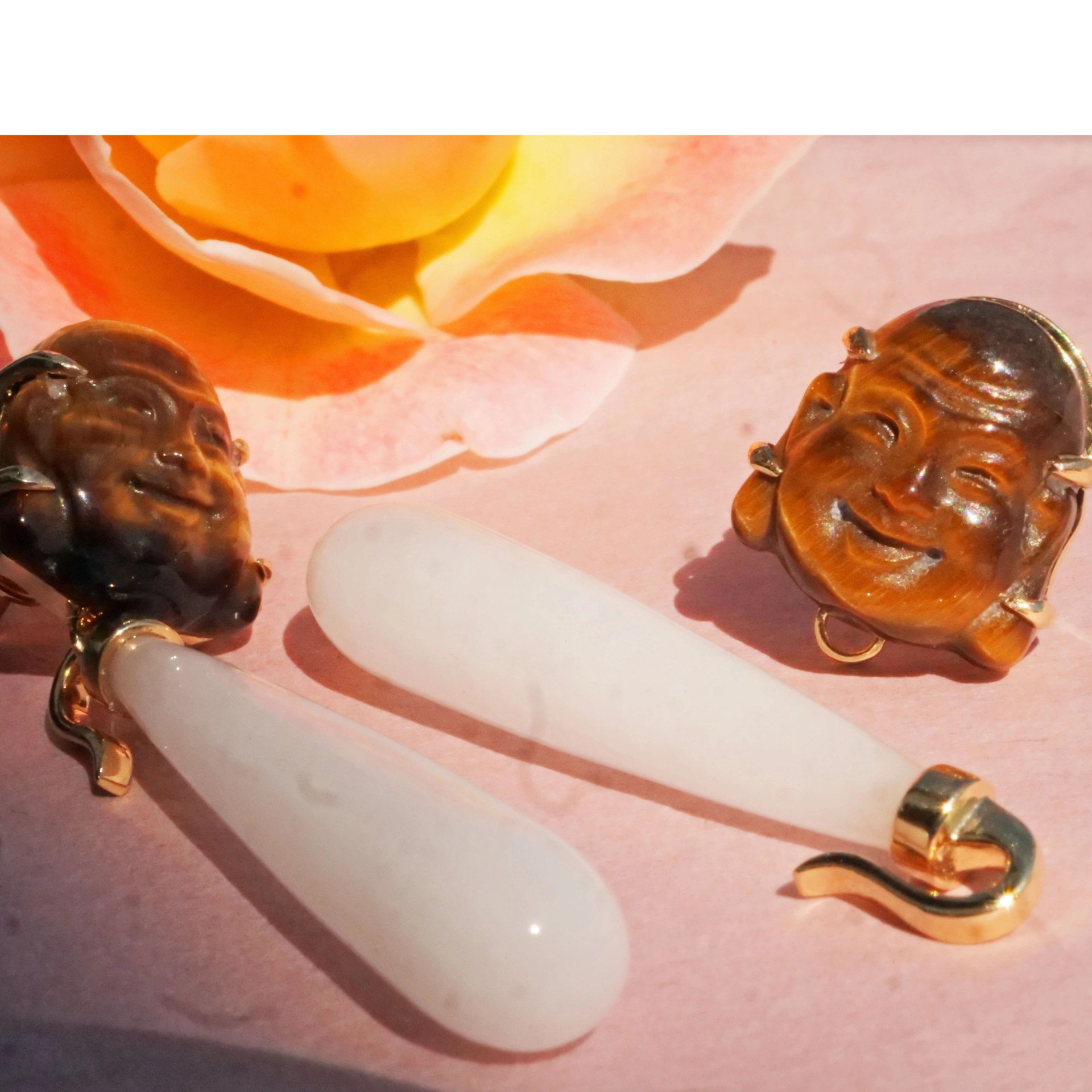 Cacholong Tiger Eye Buddha Head Earrings 18 kt Yellow Gold...makes happy
