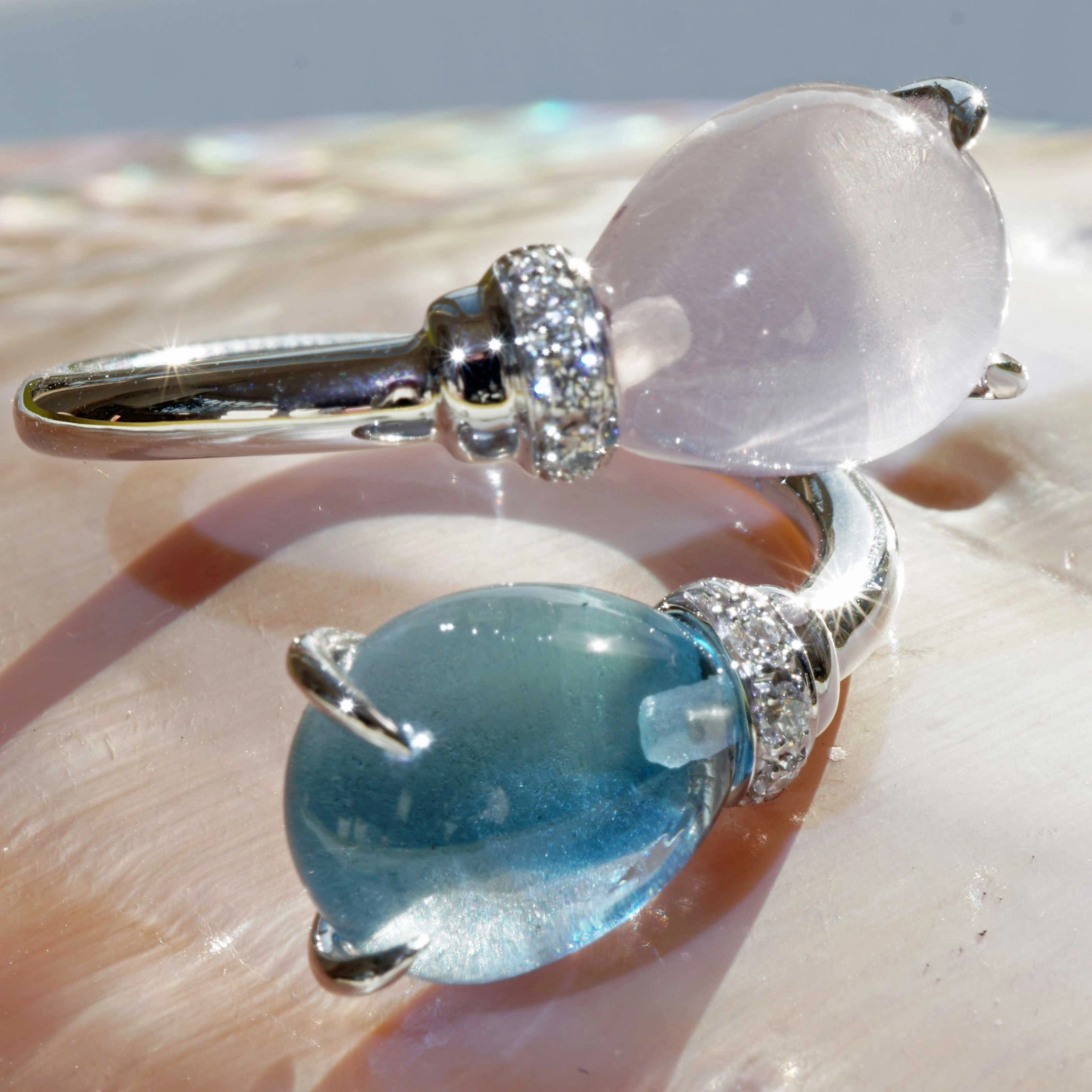 Drop Ring..soo sweet...with Blue Topaz and Rose Quartz..made in Italy
