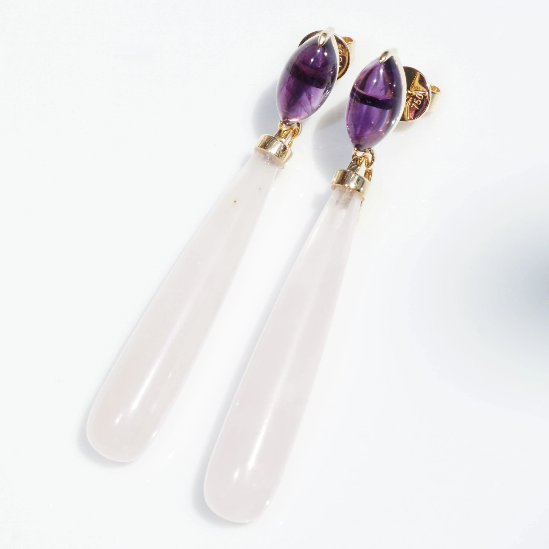 Rosequartz Amethyste Earrings 18 kt Yellowgold..pink Inspiration