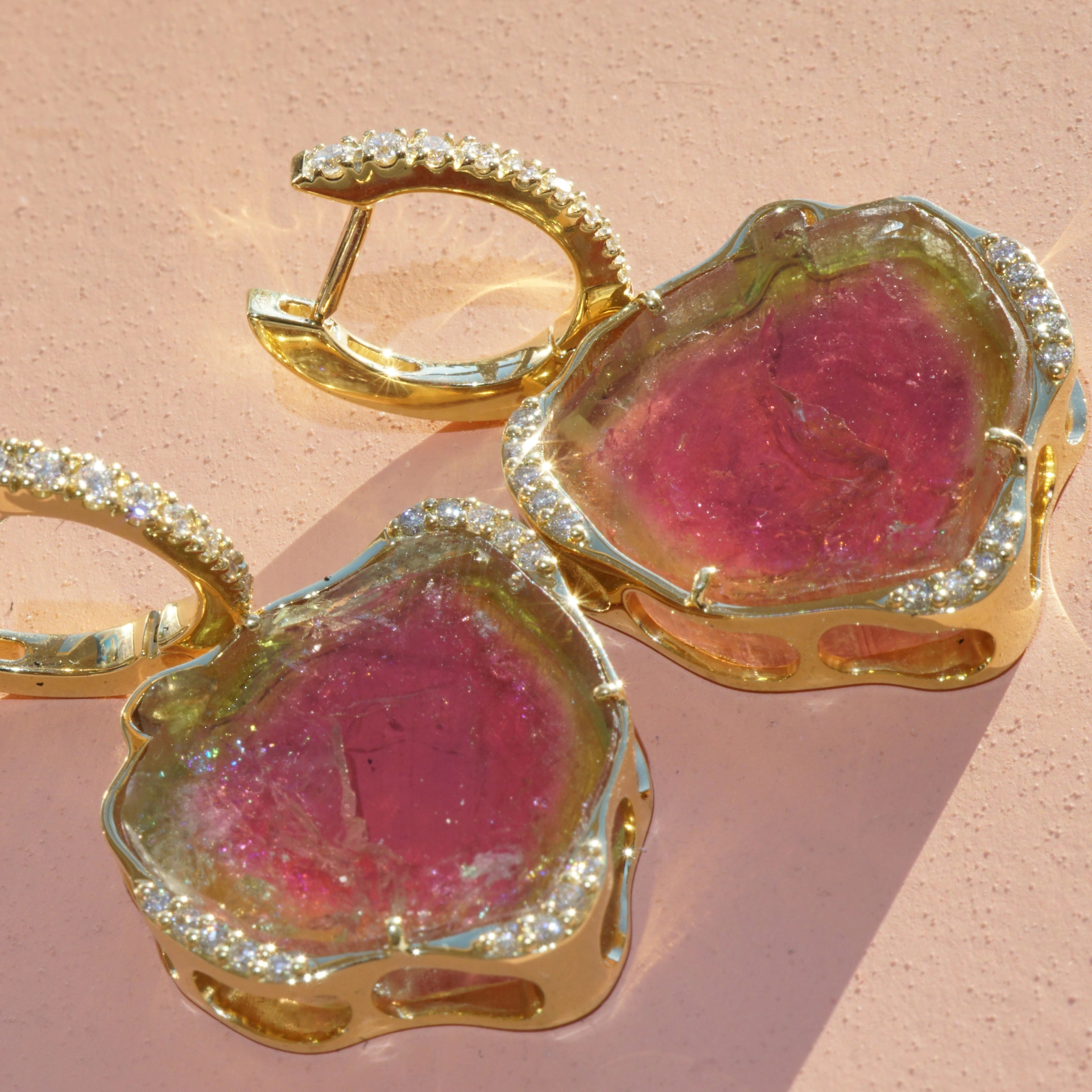 Watermelon Tourmaline Brilliant Earrings 32 ct 750 Yellow Gold