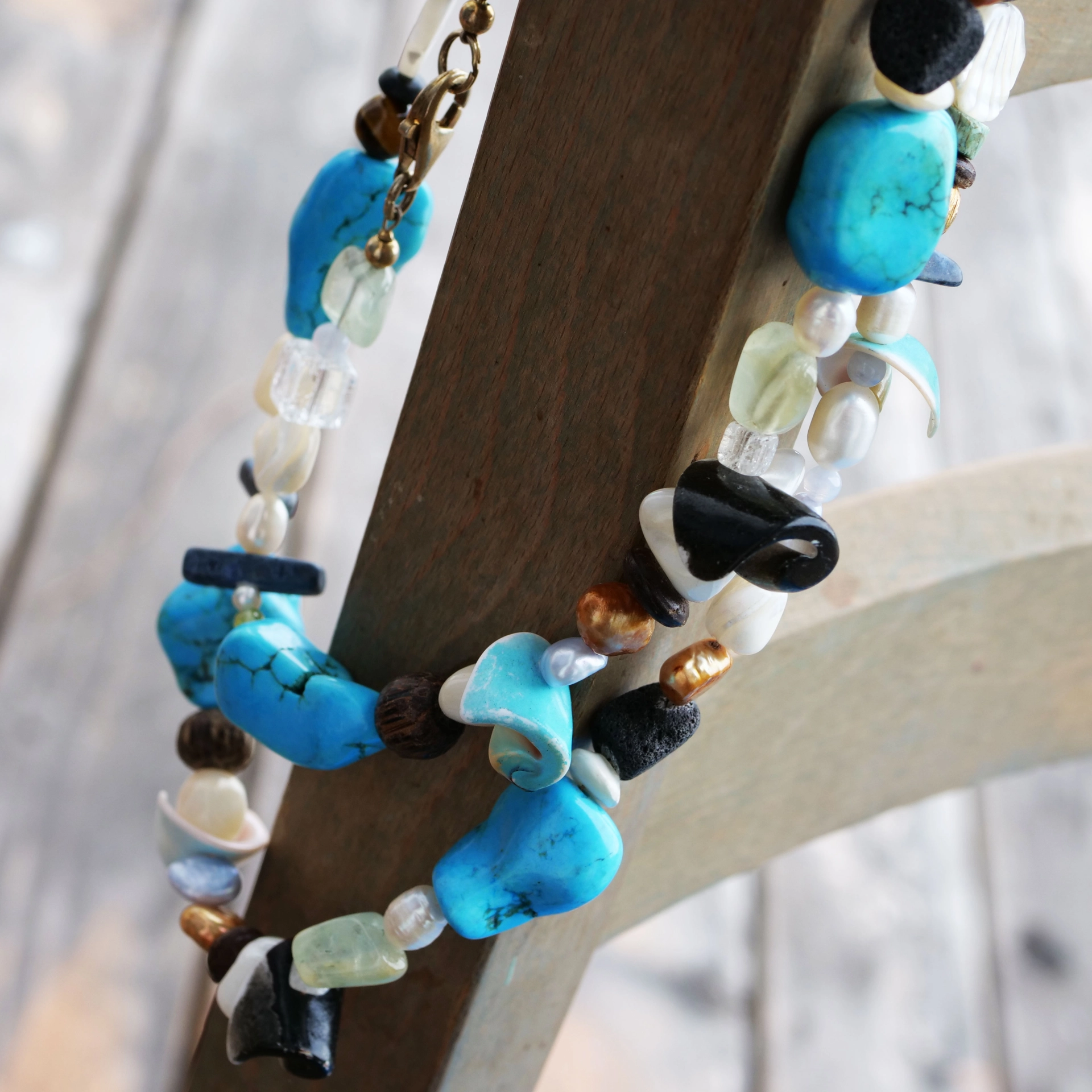 Gem Necklace with Turquoise Shells Pearl Lava Rock...what a Diversity