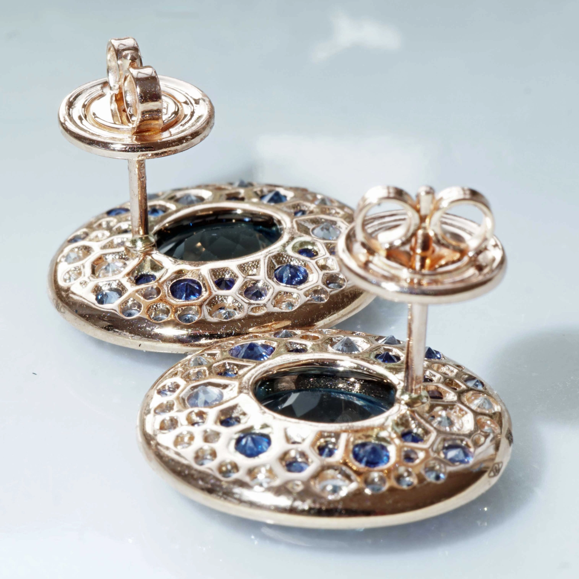Power of Magic..Rosegold Earstuds in Mystic Blue Colors with Saphire and Diamonds