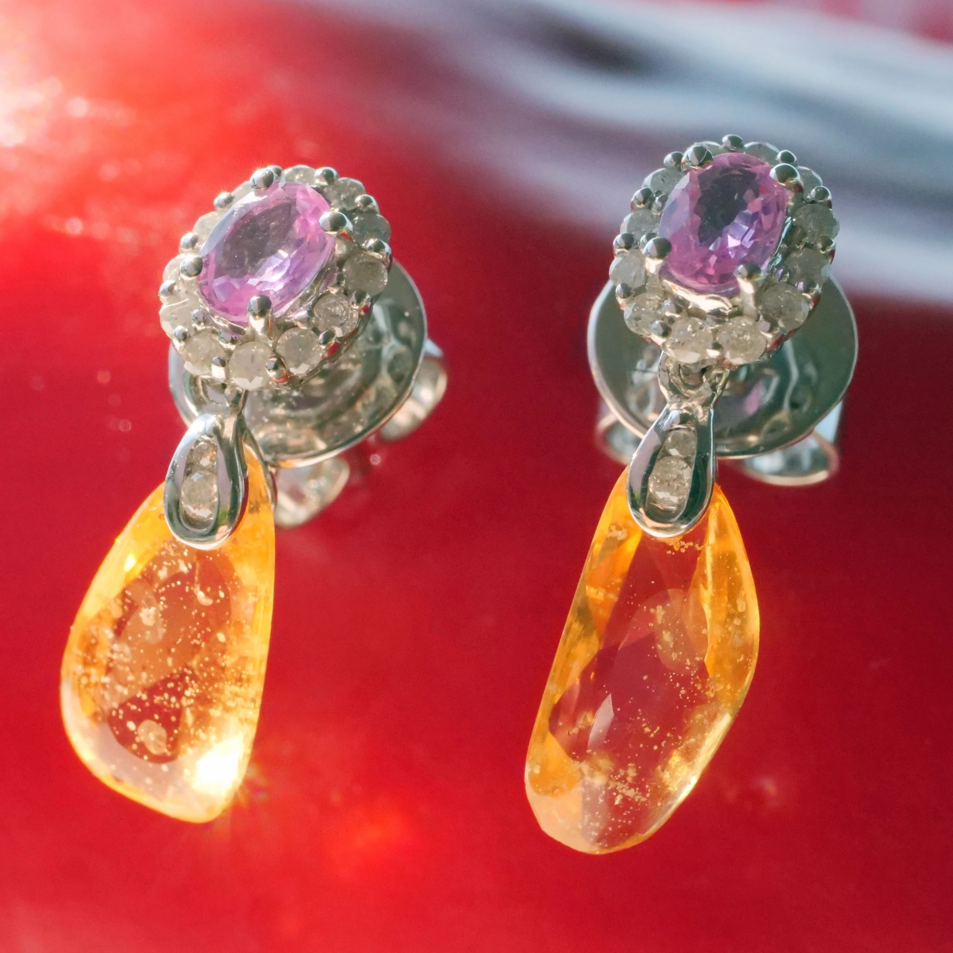 Pink and Yellow Sugarloaf Saphire with Diamond Earrings 18 kt Yellow Gold