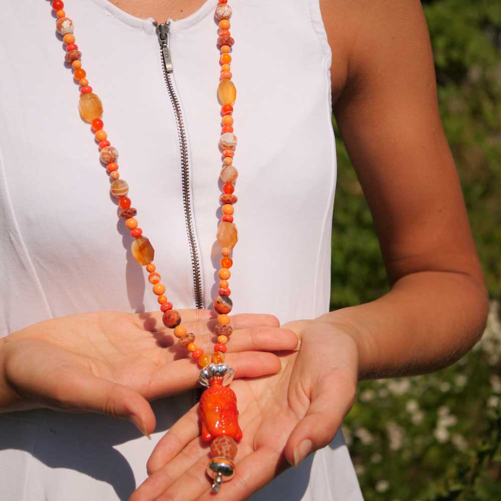Chilango Foam Coral Buddha Head Carnelian Jasper Chain in 100 cm Length 925 Silver Versatile Colors
