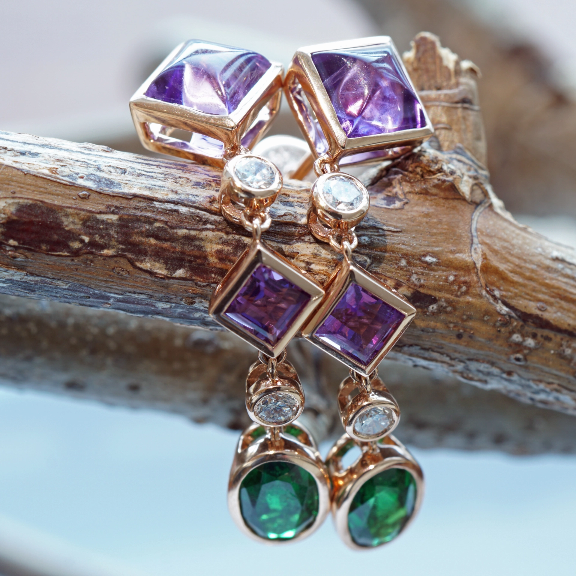 Amethyst Diopsid Diamonds Earrings 18 kt Rosegold...Dragonia