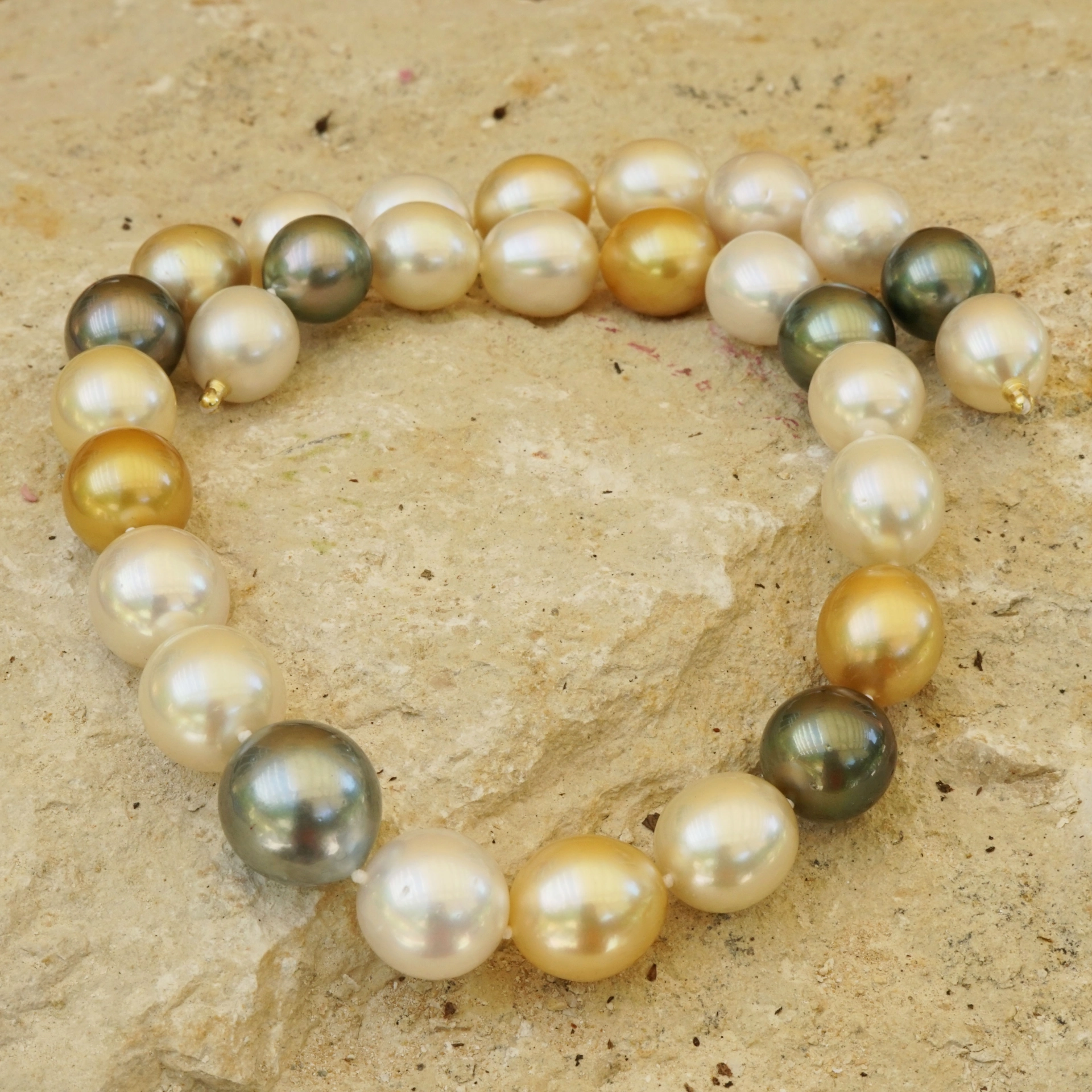 SÜDSEE Tahiti Zuchtperl Collier AAA+ Multi NATURFARBE 15,4-12 mm toller Lüster