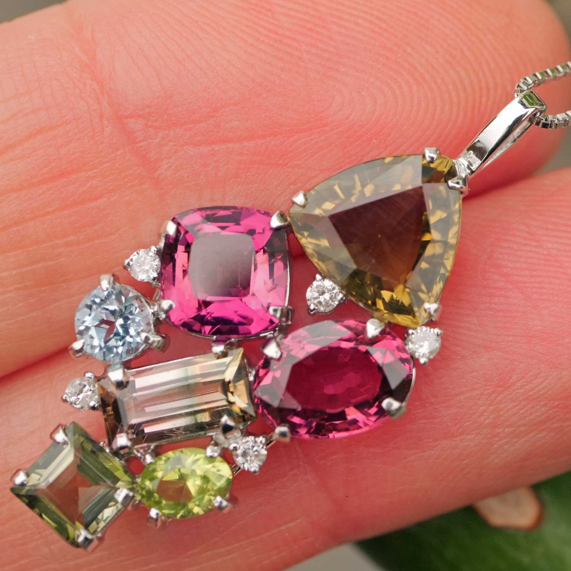Tourmaline Brilliant Pendant 750 White Gold... rare colors... pink, bicolor, yellow total 7 ct