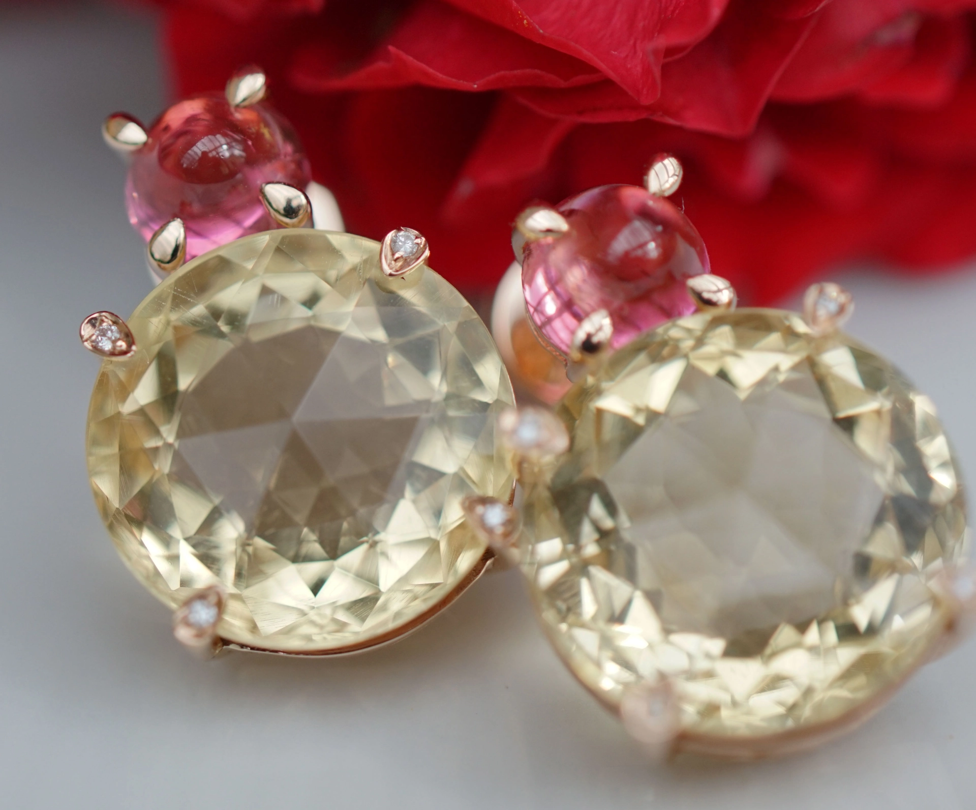 Citrine Tourmaline Ear Studs 18 Gold 20 carat