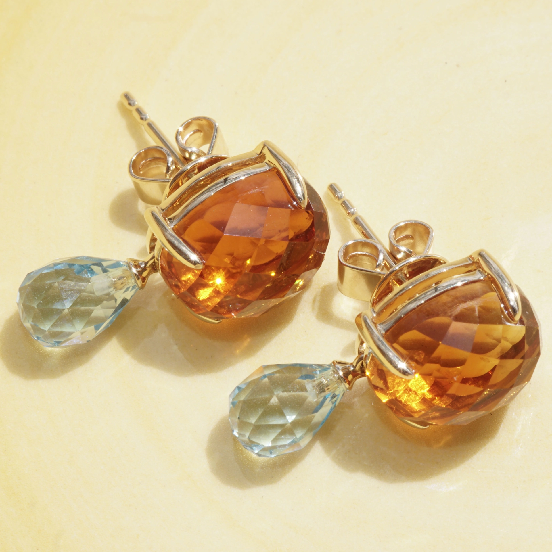 Citrine Blue Topaz Earrings 14 kt Yellowgold....Sky and Sun