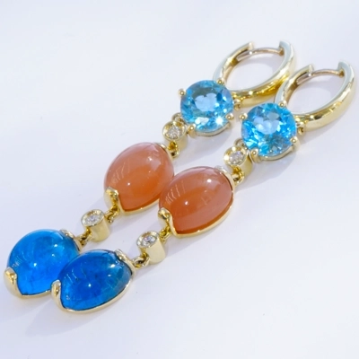 Neon blue paraibacolored Apatite Topaz and Moonstone Earrings 18 kt Jewellery 