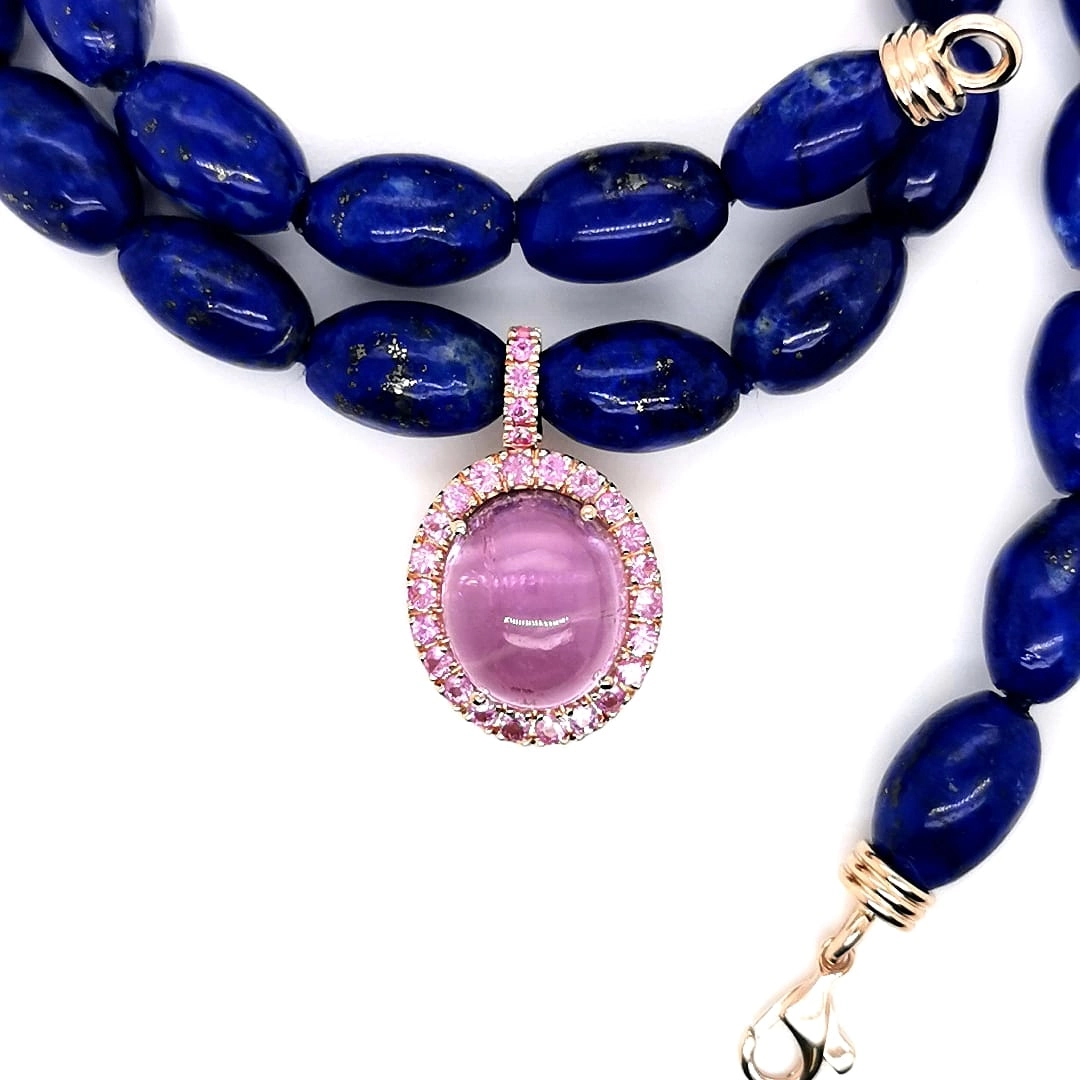 Kunzit Saphir Lapis Lazuli Collier 750er Gold 11.77 ct AAA+ mit Clip designed in Valenza