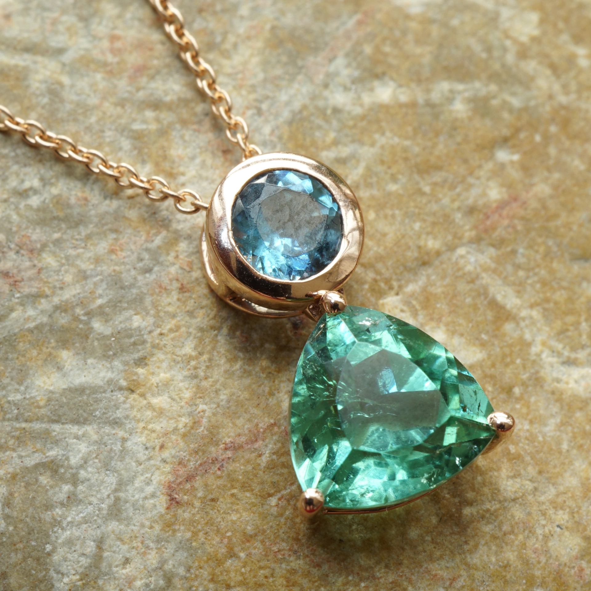 Turmalin Aquamarin Anhänger m. Kette 750er Rosegold 2.19 ct 0.36 ct AAA paraibafarben