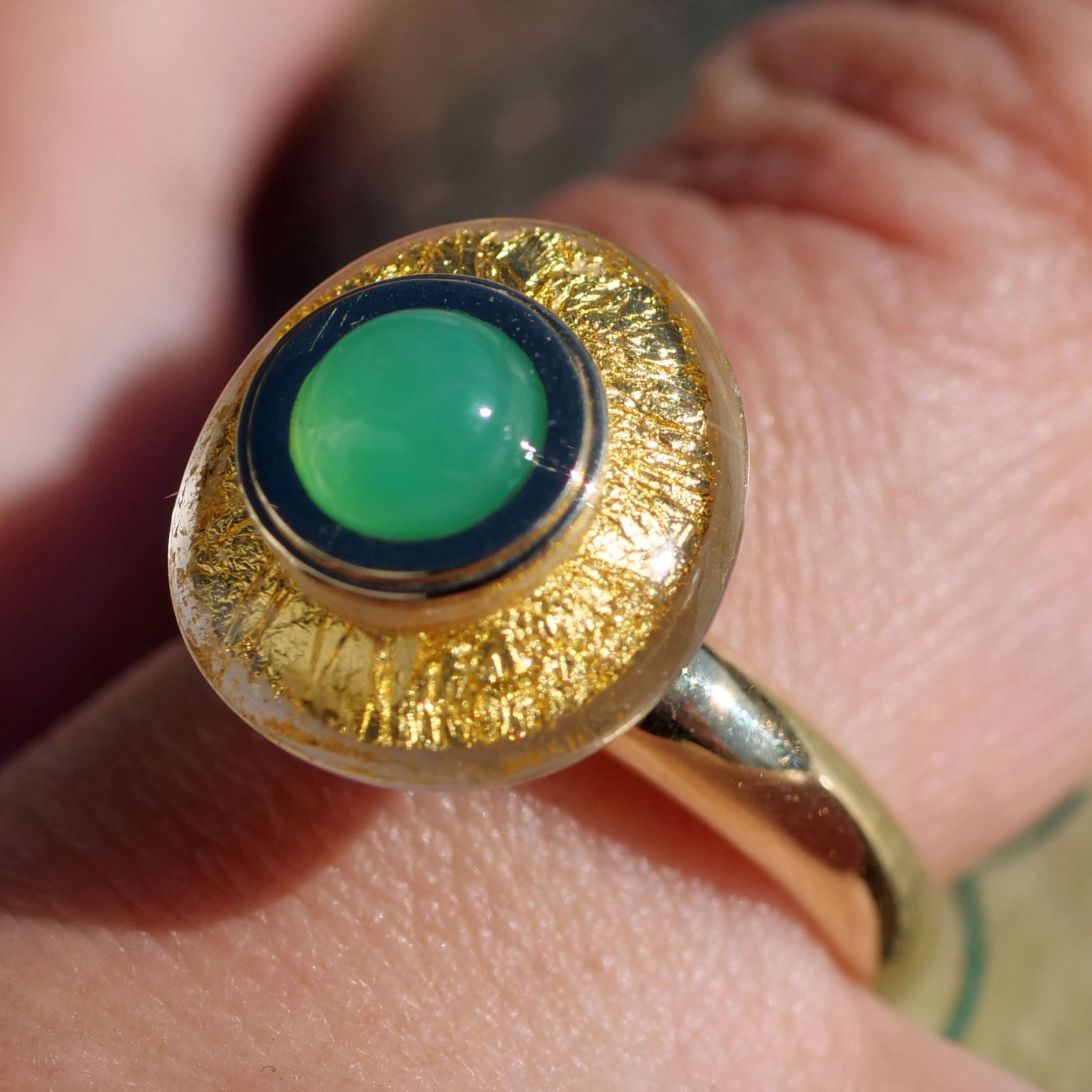Chrysoprase Ring 9kt Yellow Gold  Acrylic Setting with Gold Leaf Inclusions...crazy Style