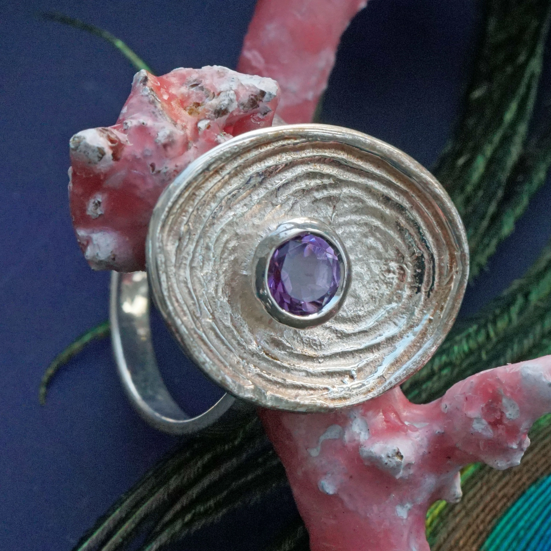 Set:Amethyst Ring und passende Ohrhänger in 925er Silber oval Handarbeit