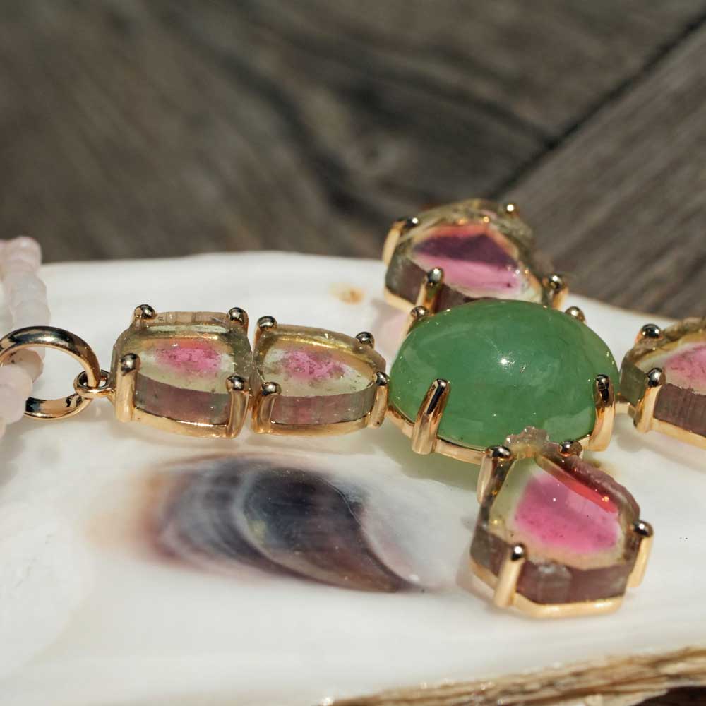 Pendant Cross Watermelons Tourmaline Jade 585 Yellow Gold 10.20 ct 15.29 ct with Short Report