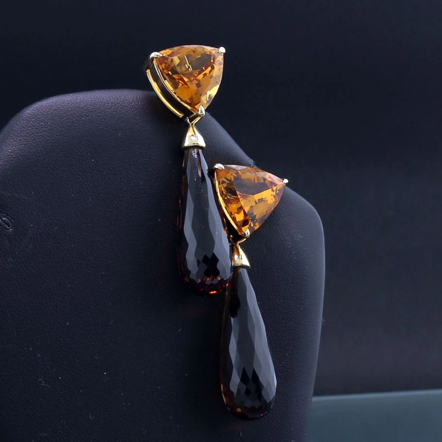 Citrin Rauchquarz Ohrhänger mit Stecker in 750er Gelbgold gearbeitet 62.24 ct