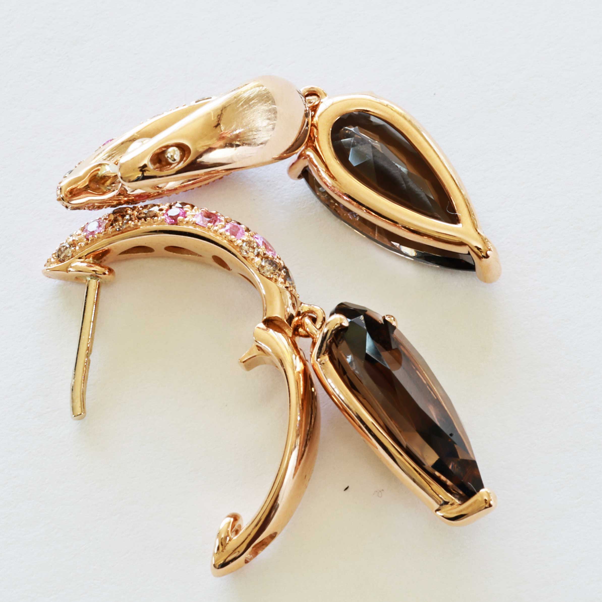 Sapphire Smoky Quartz Brilliant Earrings 750 Rose Gold... noble combination.. Pink and Mocha 6 ct 0.51 ct