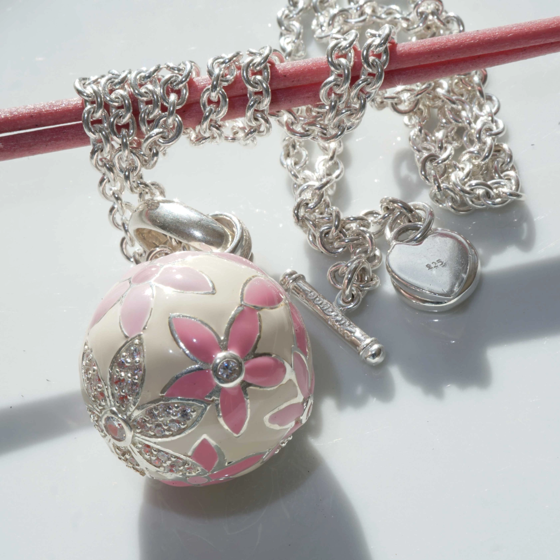 Chilango Pendant Faberge Style  pink Flower with Circonia 925 Silver Enamel