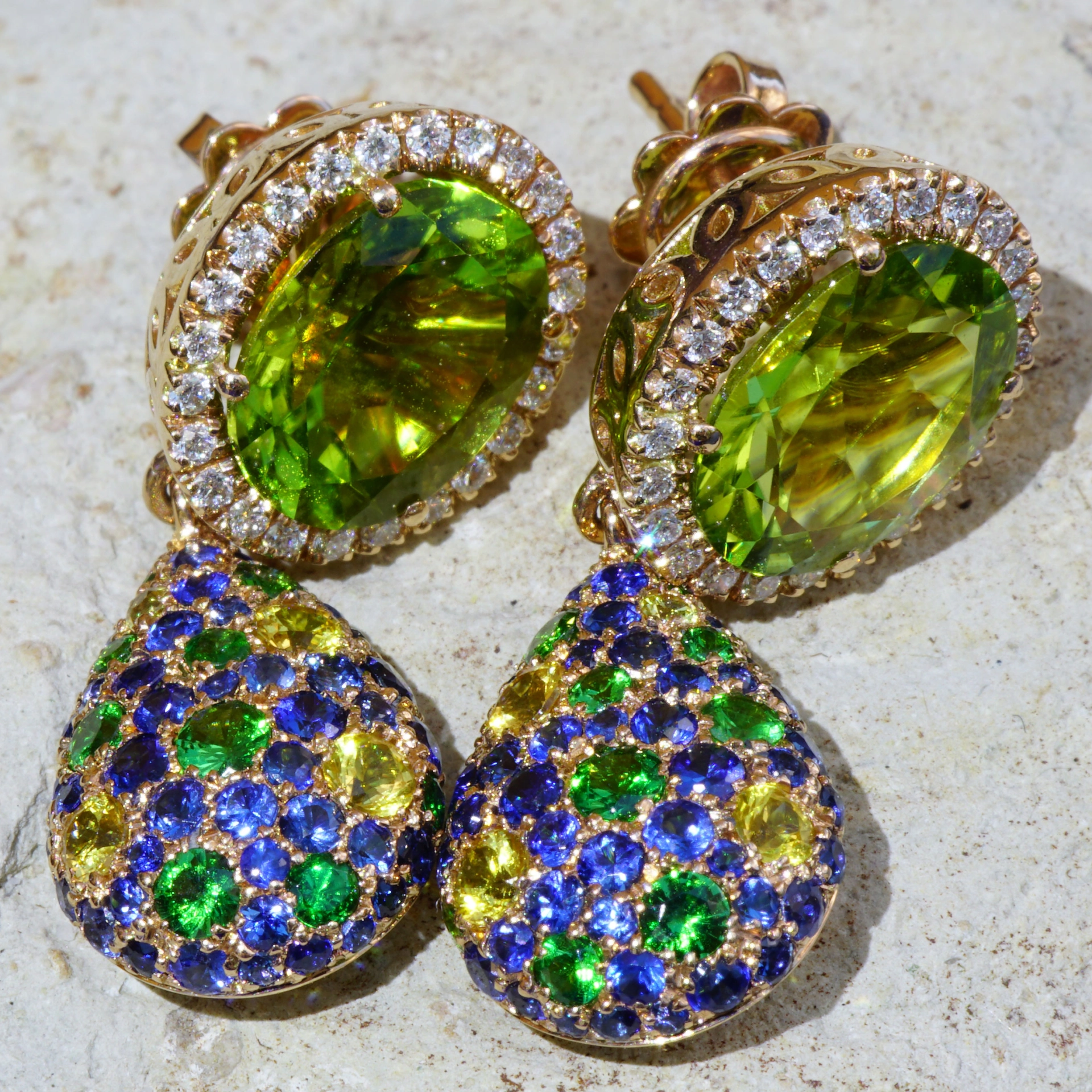 Peridot Saphire Diamond Earrings....18 kt Rose Gold....the most beautiful Color of the Day