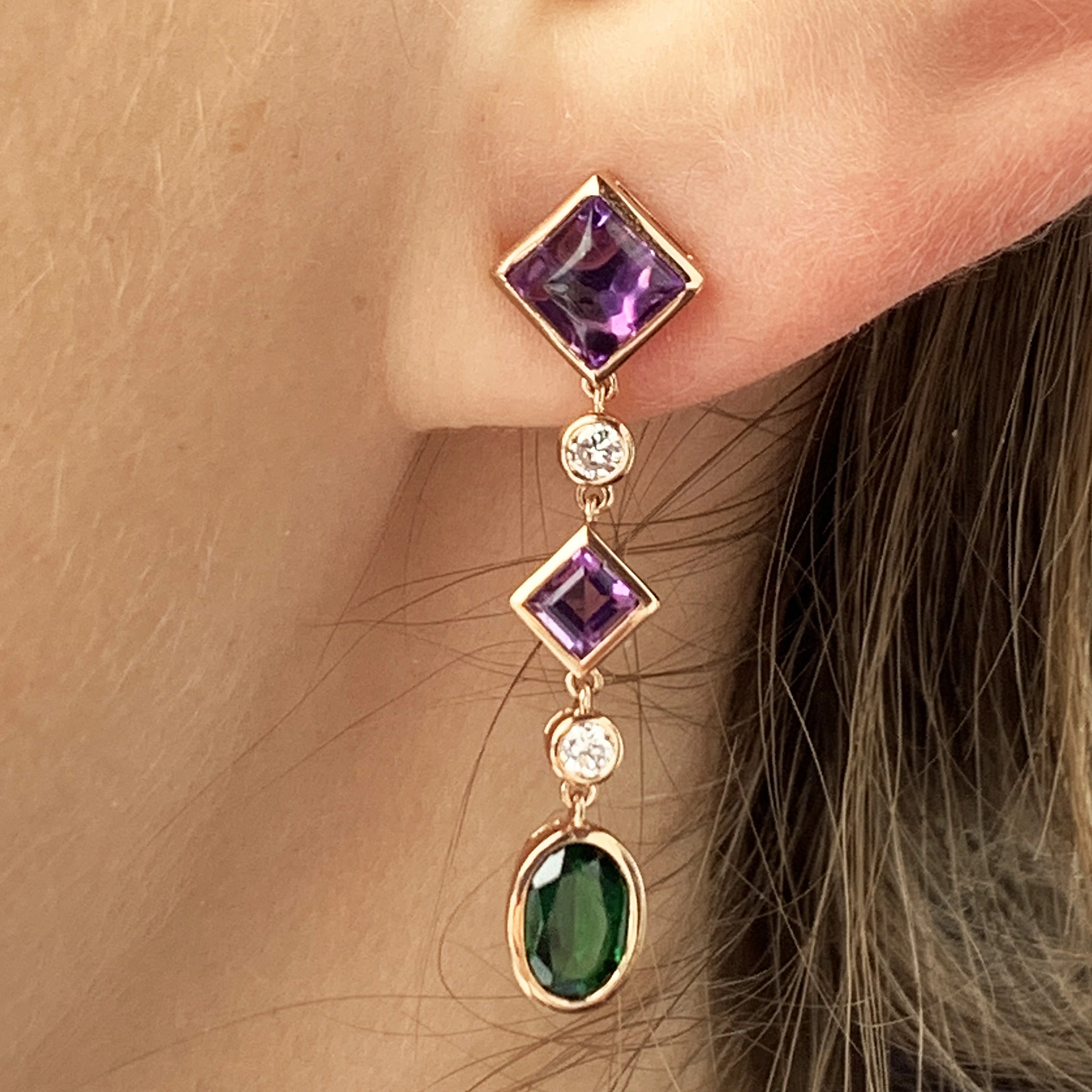 Amethyst Diopsid Diamonds Earrings 18 kt Rosegold...Dragonia