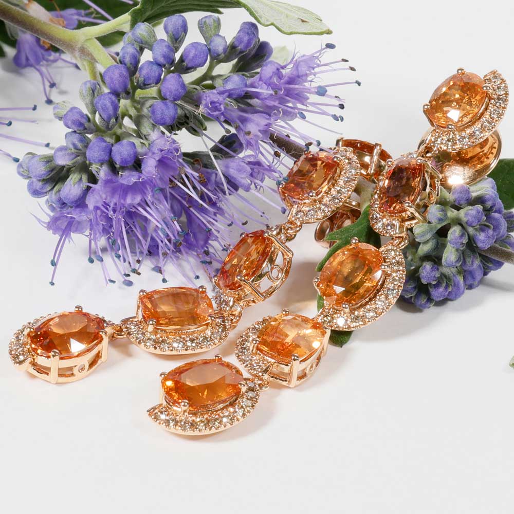 Rare Mandarin Garnet Brilliant Chandelier Dangle Earrings 750 Rose Gold 14.85 ct 0.76 ct Exceptional Color Orange