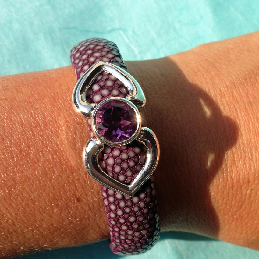 Amethyst Rochenleder Armreif 925erSilber rosegold plated 20 mm breit