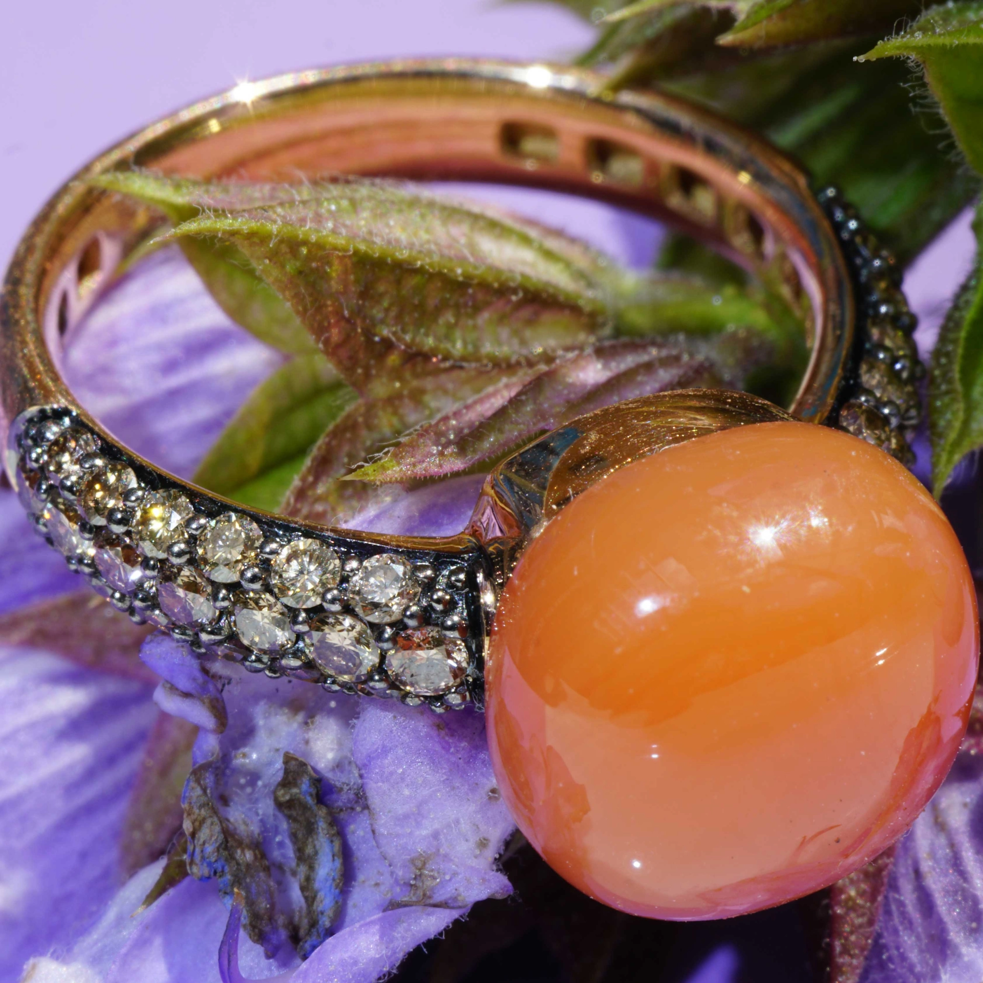 Moonstone Brilliant Ring 750 Rose Gold 7.30 ct 0.68 ct..elegant Winter Colors..liquid Impressions
