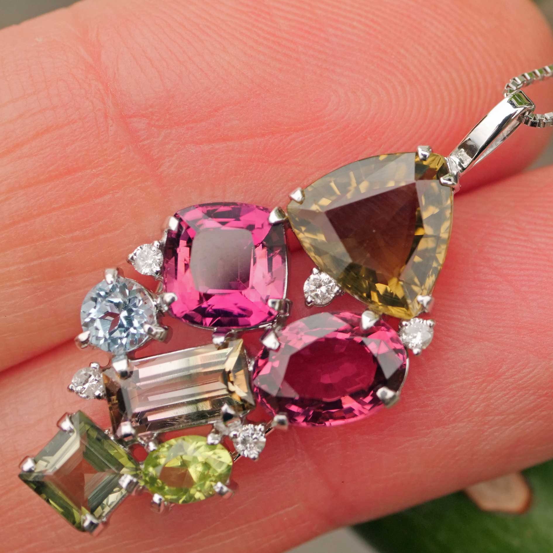 Tourmaline Brilliant Pendant 750 White Gold... rare colors... pink, bicolor, yellow total 7 ct