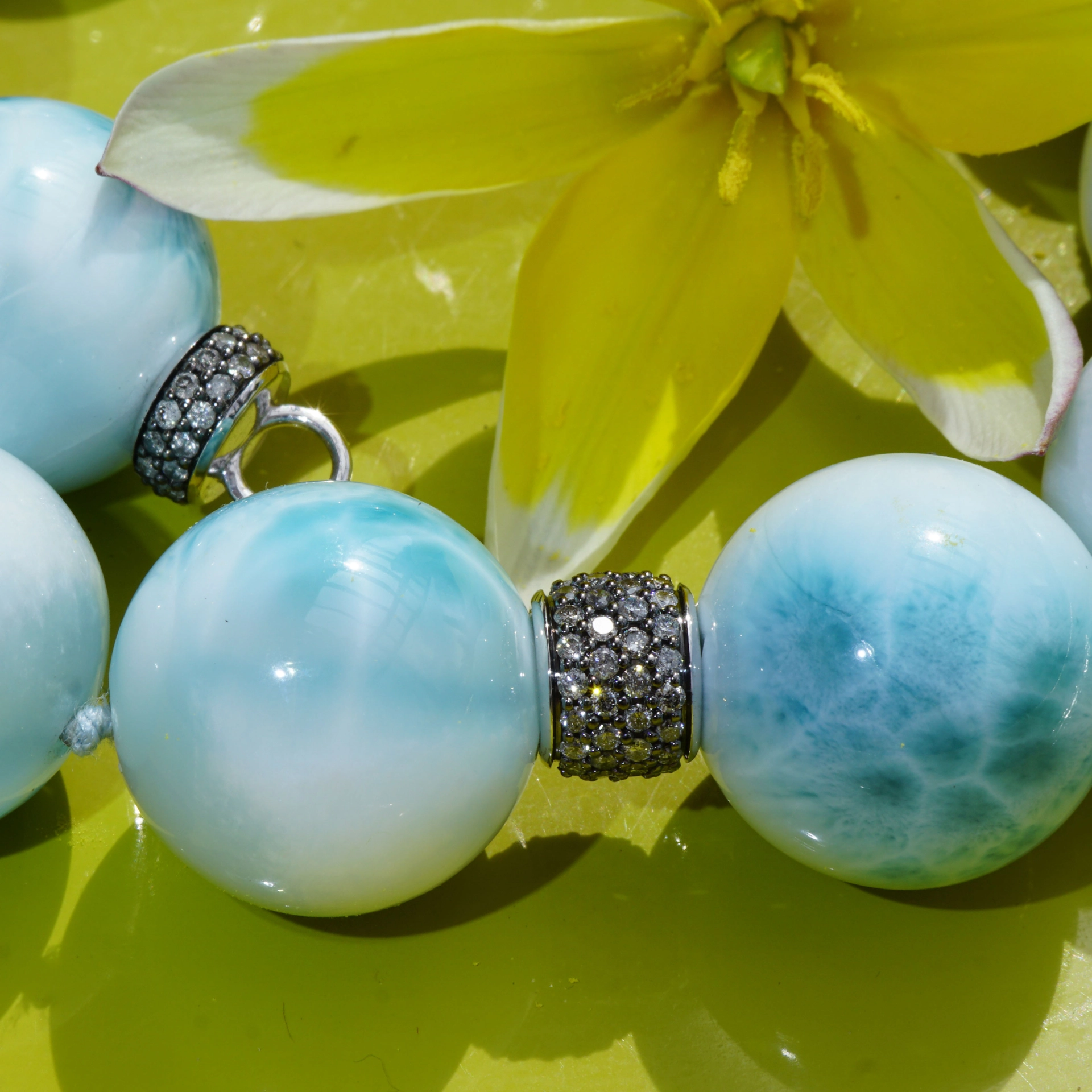 Larimar Ball Necklace 18 kt Whitegold with grey Diamonds..cloudy Beauty..Highest Quality
