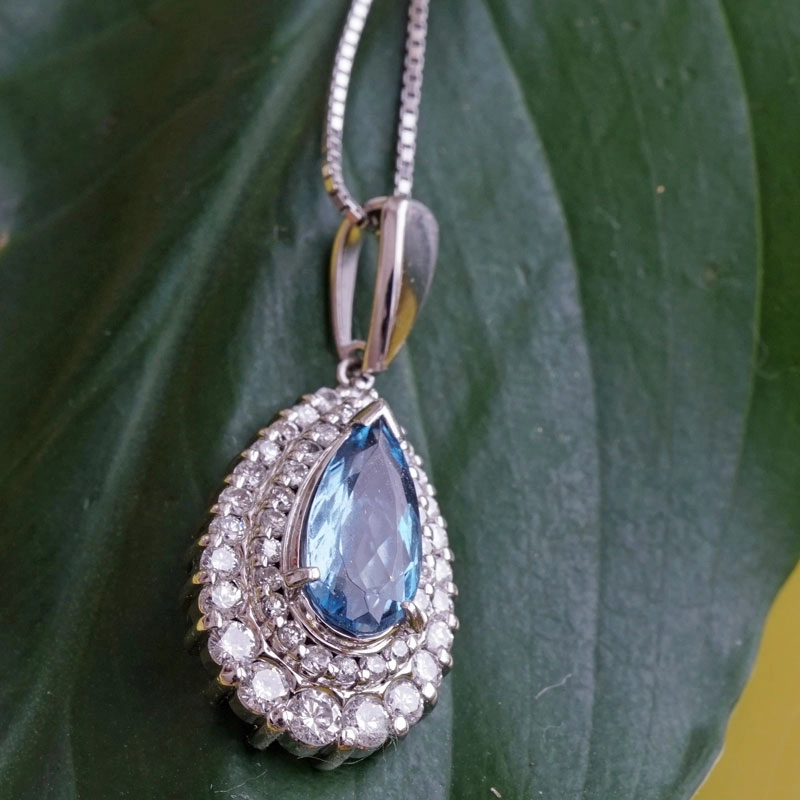 Aquamarin-Brillant-Anhänger-Kette-900er-Platin-1 ct-0.60 ct