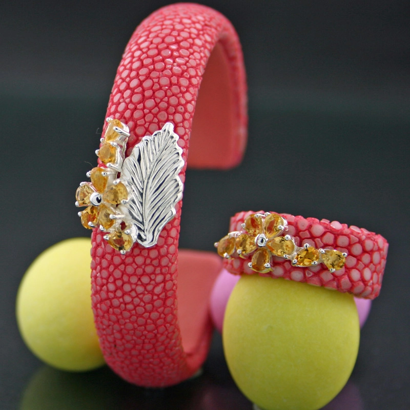 Citrin-Rochenleder-Armreif, 925/-Silber