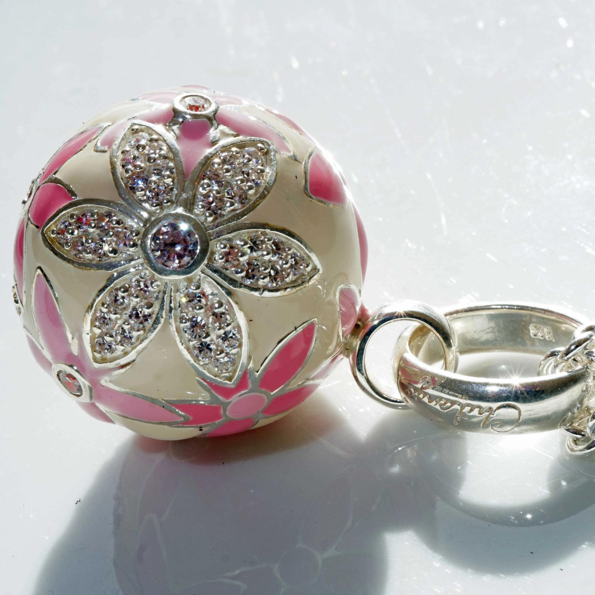 Chilango Pendant Faberge Style  pink Flower with Circonia 925 Silver Enamel