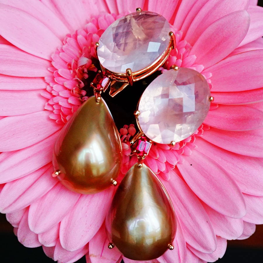 Rosenquarz Spinell Mabeperl Ohrhänger 750er Rosegold