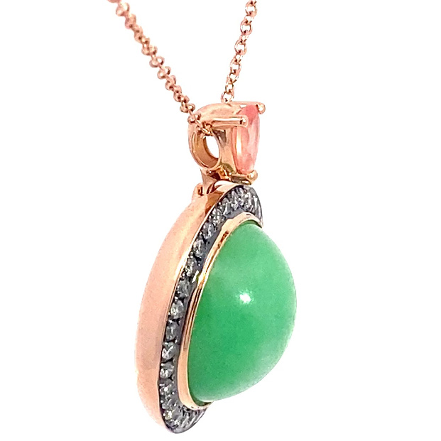 Jade Rhodochrosite Brilliant Pendant with Chain 750 Rose Gold Genuine Natural Jade with Certificate