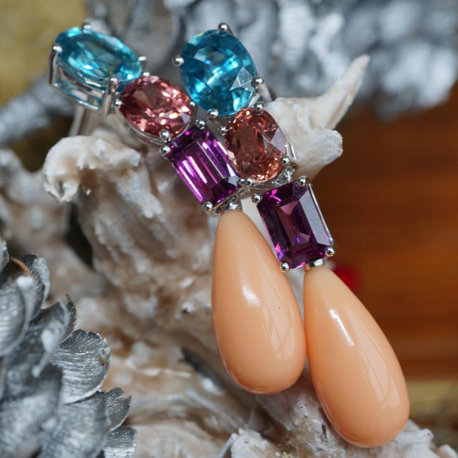 Zirkon Purple Granat Spinell Korall Ohrhaenger in 750er Weissgold