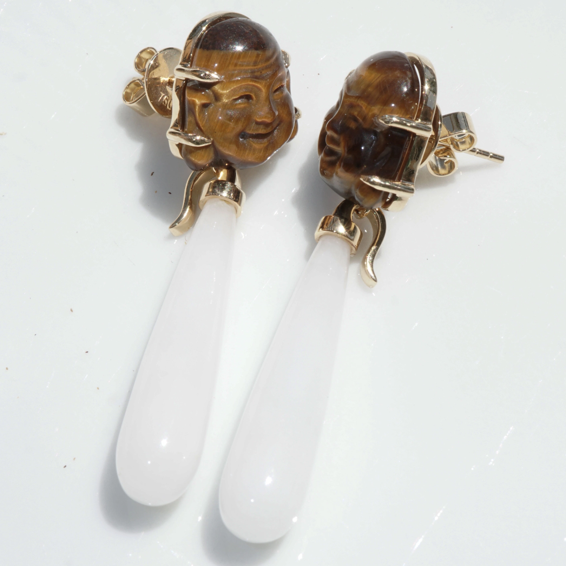 Cacholong Tiger Eye Buddha Head Earrings 18 kt Yellow Gold...makes happy