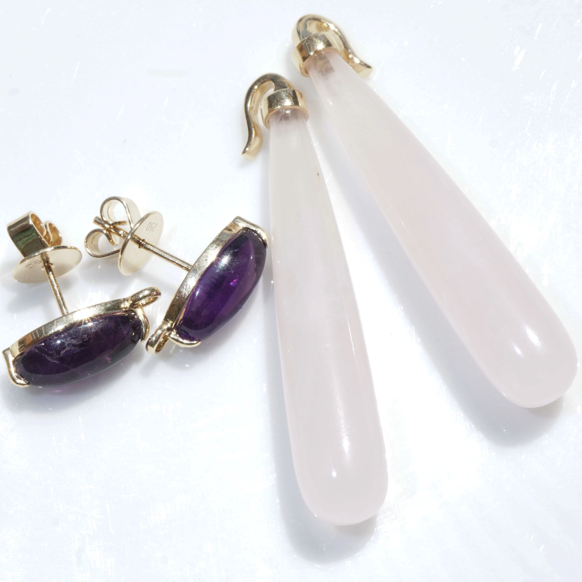 Rosequartz Amethyste Earrings 18 kt Yellowgold..pink Inspiration