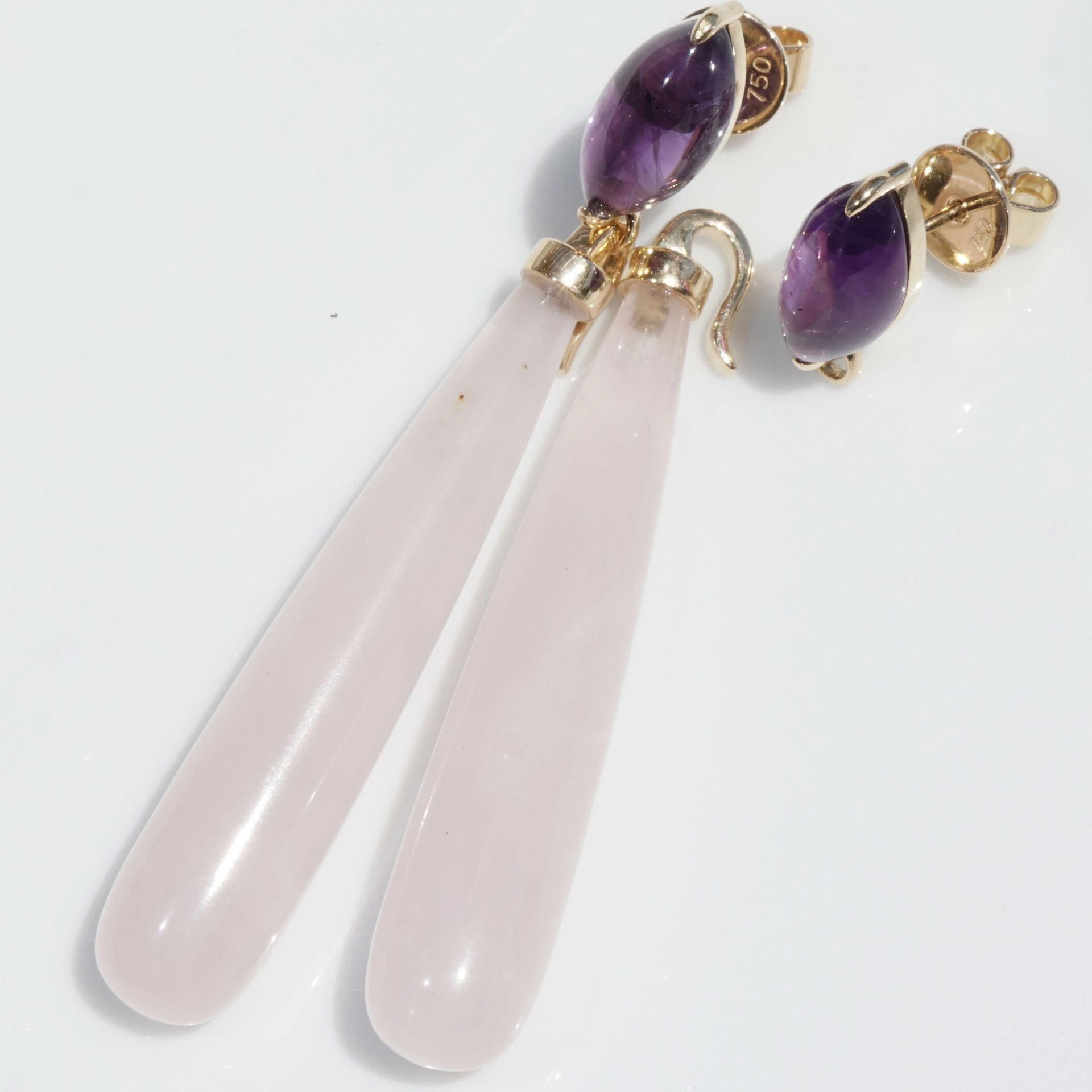 Rosequartz Amethyste Earrings 18 kt Yellowgold..pink Inspiration