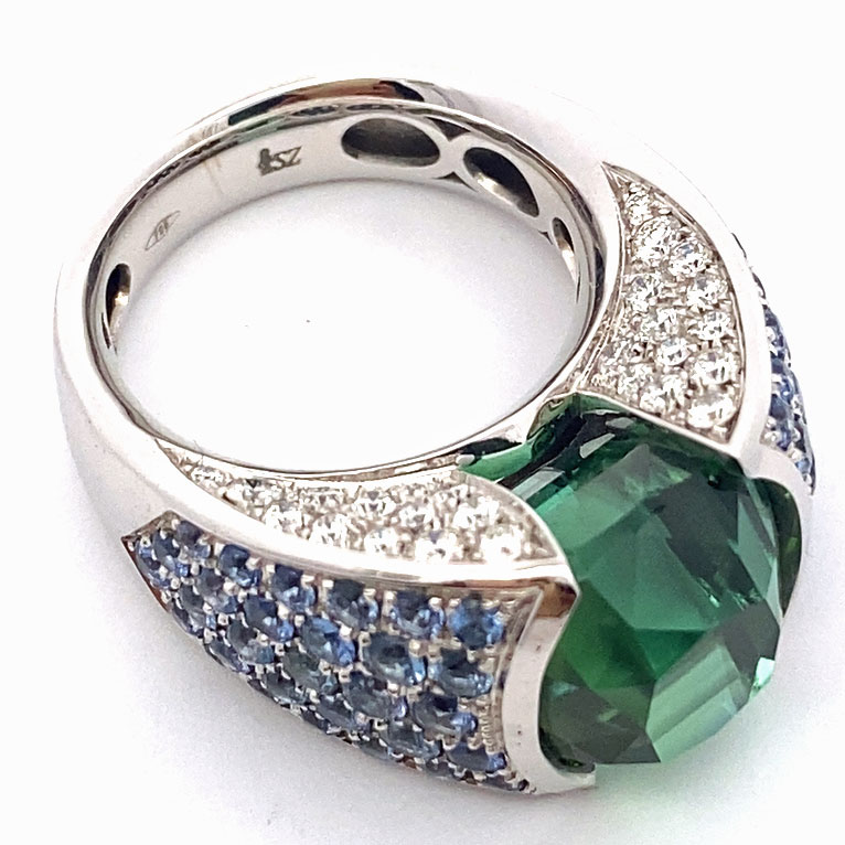Lagoon Green Turmalin Saphire Brilliant Ring 18kt Whitegold Afghanistan AAA+ 