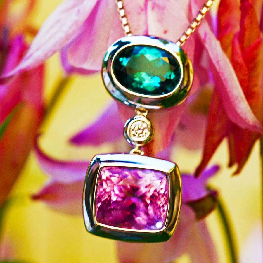 Kunzit Turmalin(Indigolith) Brillant Anhänger AAA Kette 750er Weißgold 5.18 ct 1.67ct 0.05 ct