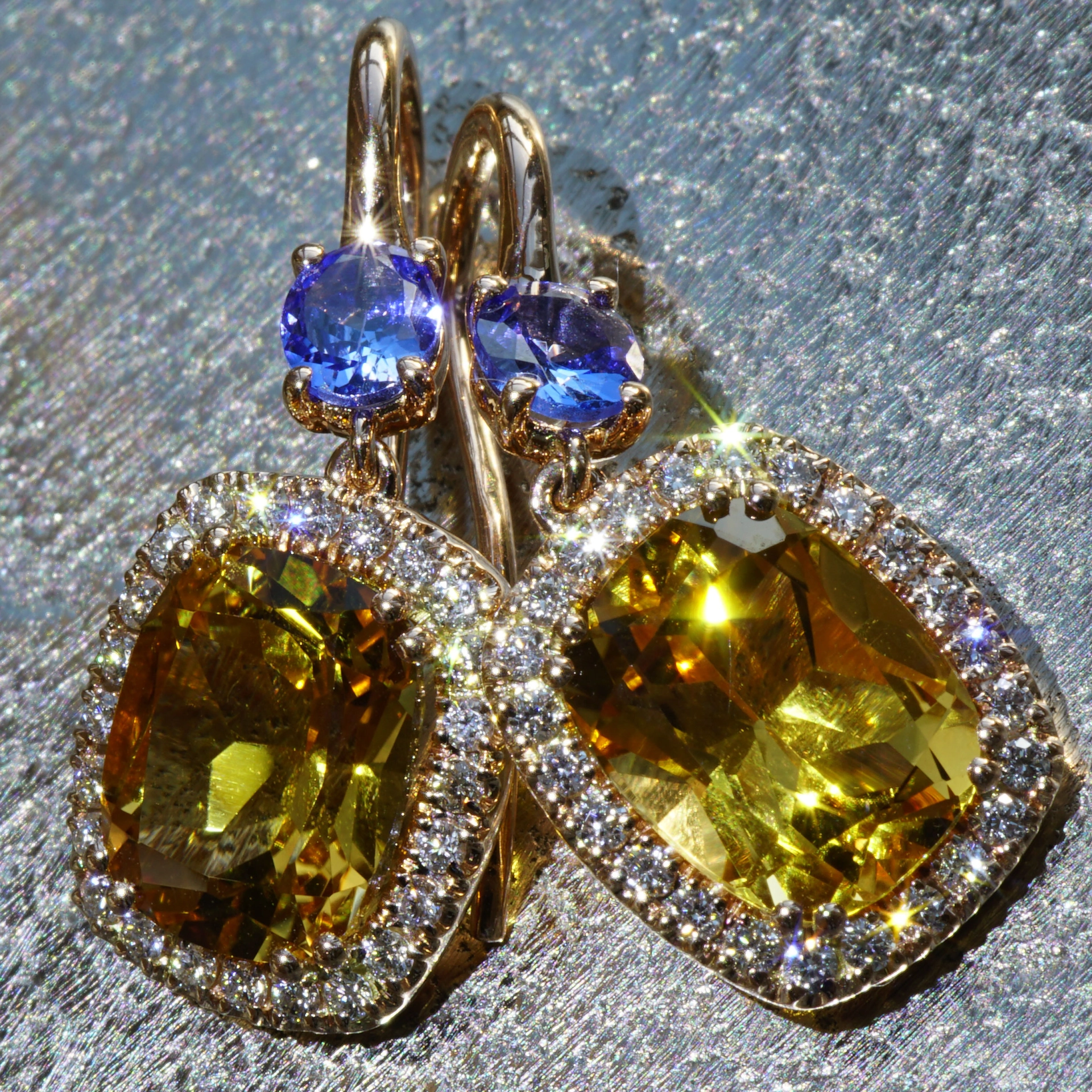 Tanzanite Citrine Earring with Brilliants 18 kt Rose Gold....High Quality Jewellery