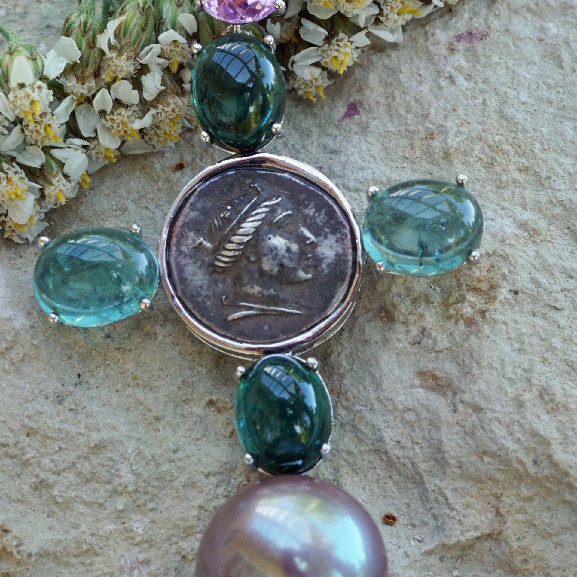 Pendant Cross with Replica Coin and blue-green Turmalin and Kunzite