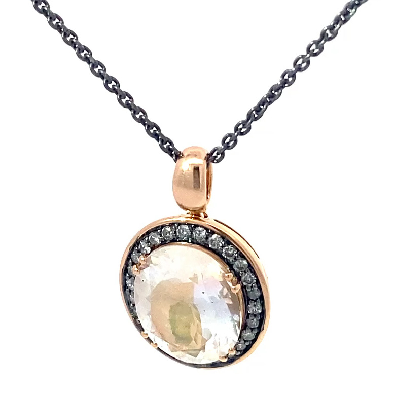 Transparent Moonstone Diamond Pendant with Chain in 750 Rose Gold black rhodium-plated from Madagascar