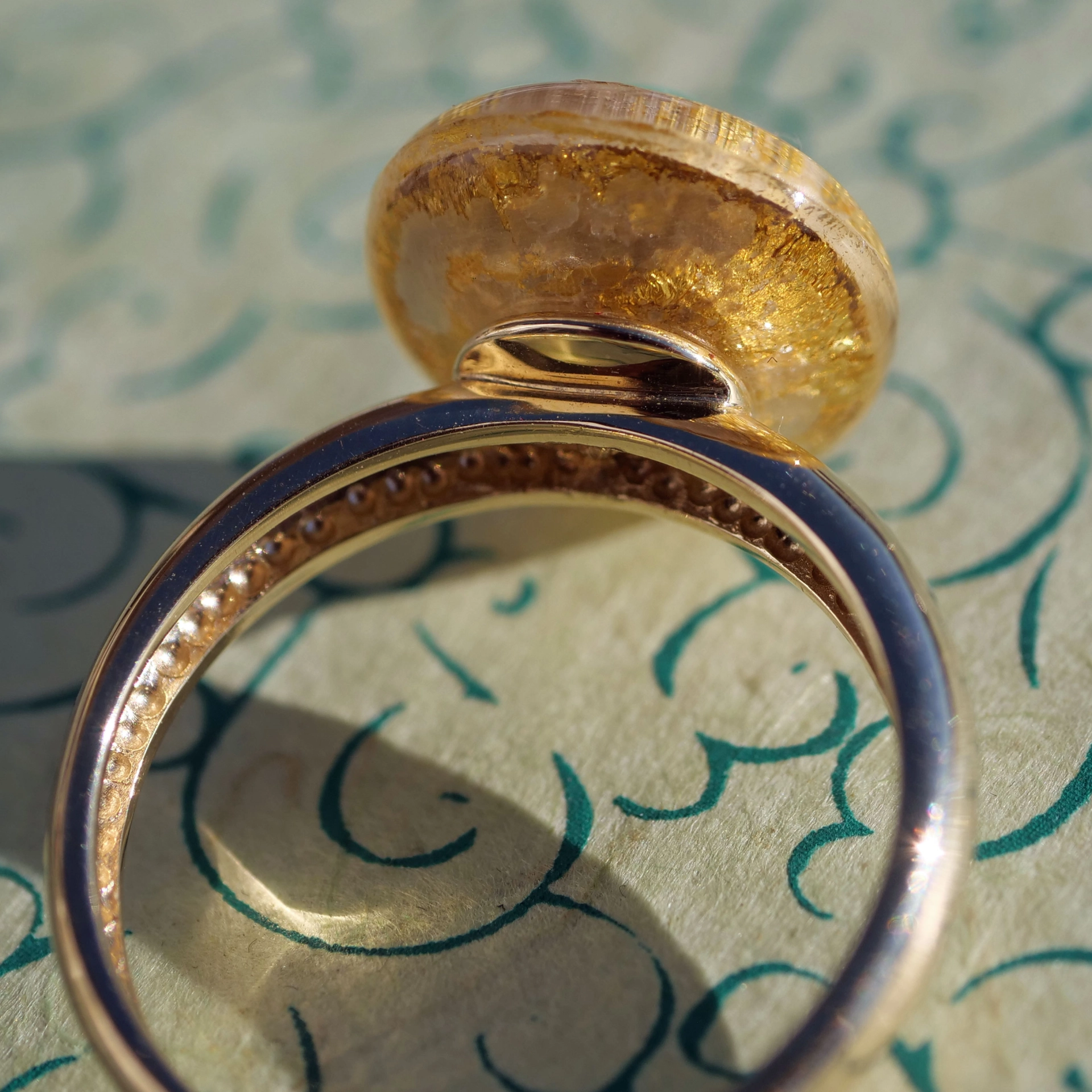 Chrysoprase Ring 9kt Yellow Gold  Acrylic Setting with Gold Leaf Inclusions...crazy Style