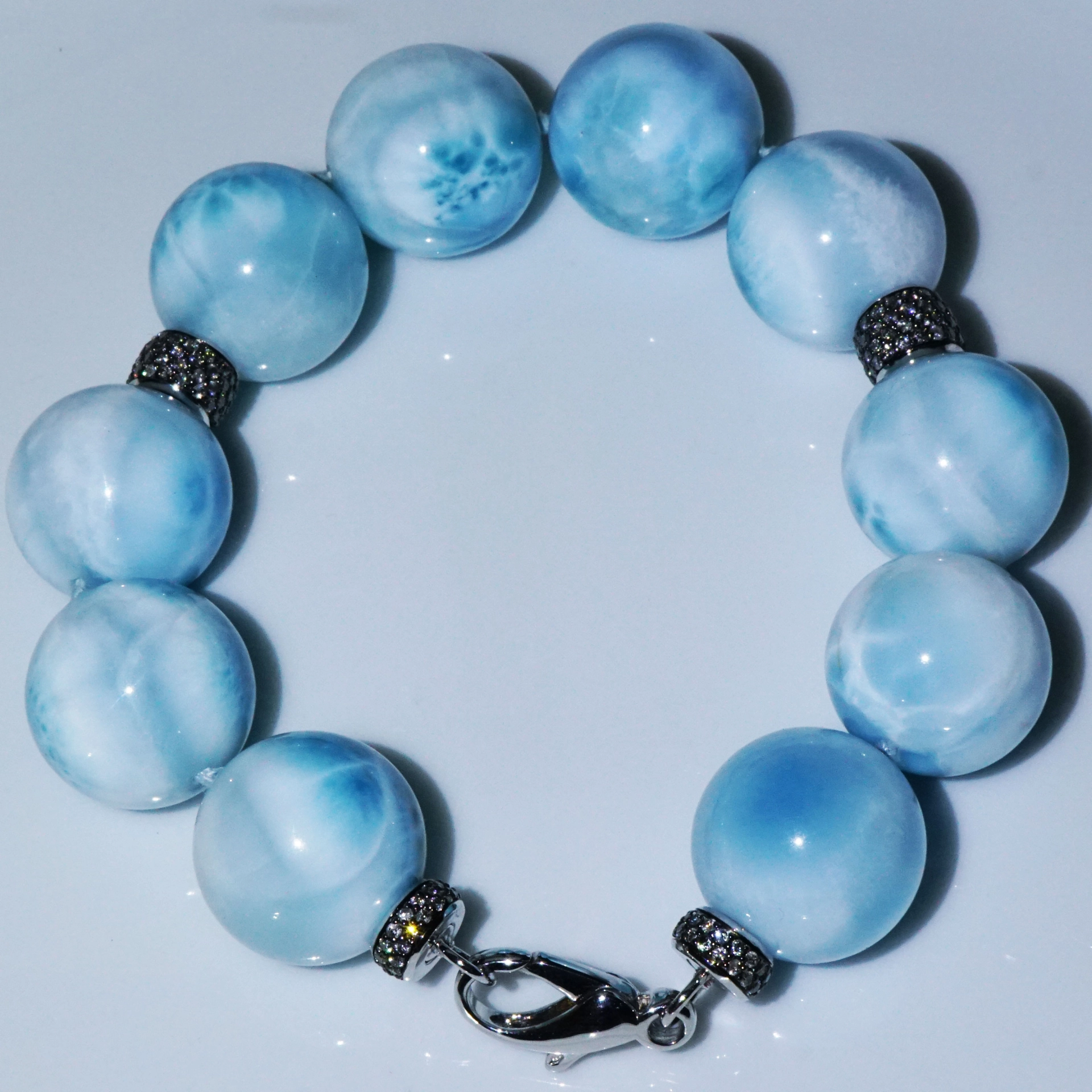 Larimar Ball Bracelet 18 kt Whitegold with grey Diamonds..cloudy Beauty..Highest Quality